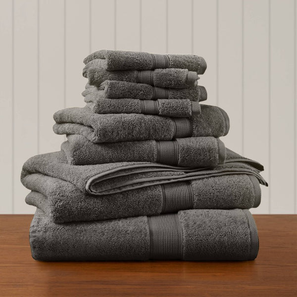 English Elm 8-Piece 800 GSM Long-Staple Cotton Towel Set Plush Absorbent Antimicrobial Bath Linen Charcoal B035P600838