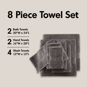 English Elm 8-Piece 800 GSM Long-Staple Cotton Towel Set Plush Absorbent Antimicrobial Bath Linen Charcoal B035P600838