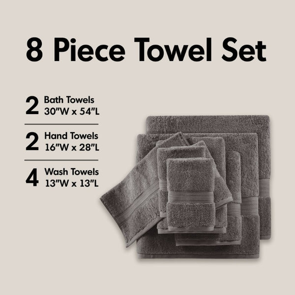 English Elm 8-Piece 800 GSM Long-Staple Cotton Towel Set Plush Absorbent Antimicrobial Bath Linen Charcoal B035P600838