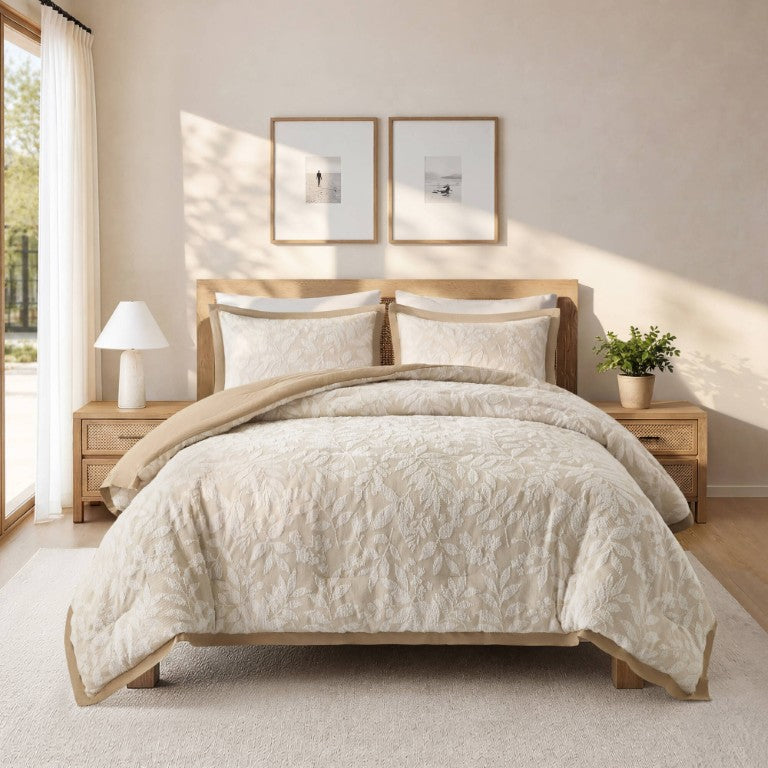 English Elm 3 Piece Queen Botanical Jacquard Comforter Set with Tufted Leaf Texture in Warm Beige B035P600858