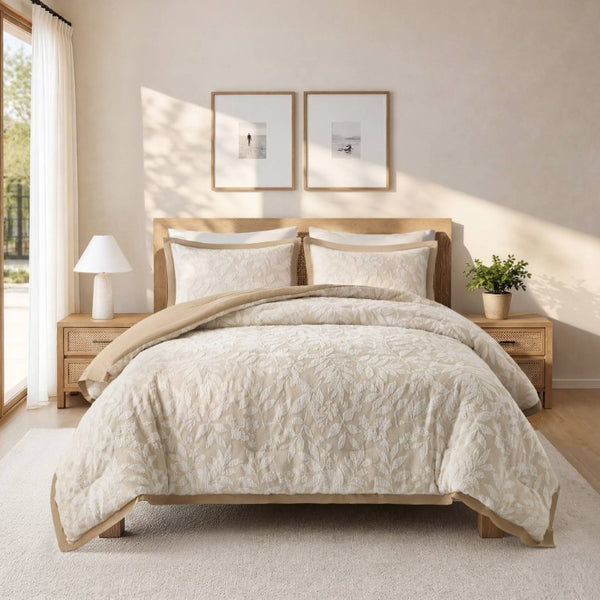 English Elm 3 Piece Queen Botanical Jacquard Comforter Set with Tufted Leaf Texture in Warm Beige B035P600858