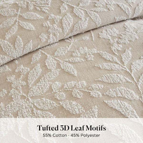 English Elm 3 Piece Queen Botanical Jacquard Comforter Set with Tufted Leaf Texture in Warm Beige B035P600858
