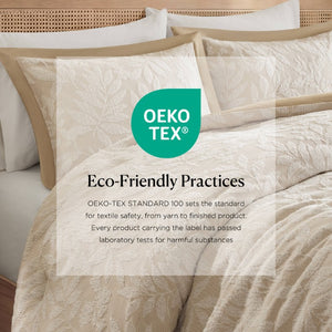English Elm 3 Piece Queen Botanical Jacquard Comforter Set with Tufted Leaf Texture in Warm Beige B035P600858