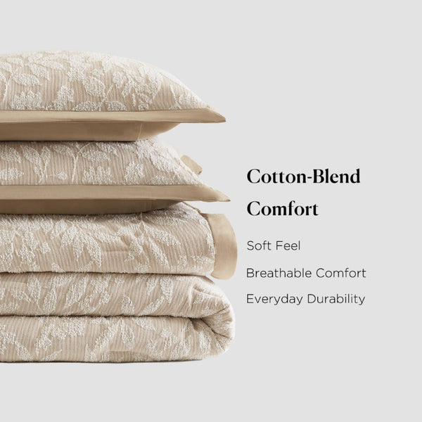 English Elm 3 Piece Queen Botanical Jacquard Comforter Set with Tufted Leaf Texture in Warm Beige B035P600858