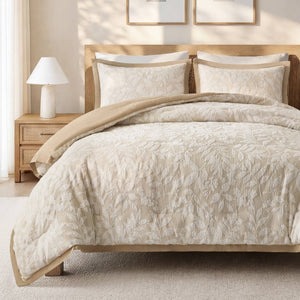 English Elm 3 Piece Queen Botanical Jacquard Comforter Set with Tufted Leaf Texture in Warm Beige B035P600858