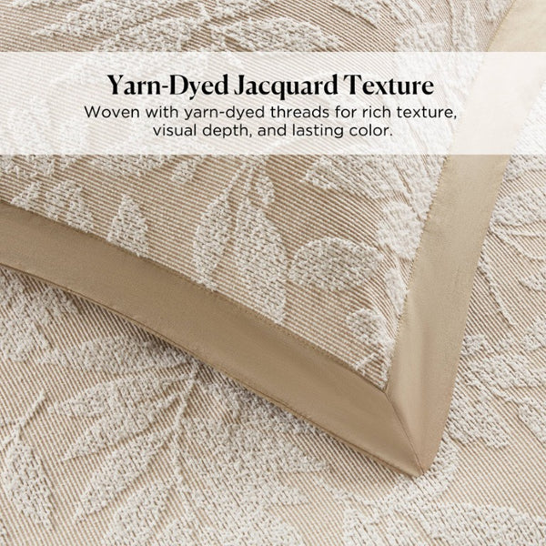 English Elm 3 Piece Queen Botanical Jacquard Comforter Set with Tufted Leaf Texture in Warm Beige B035P600858