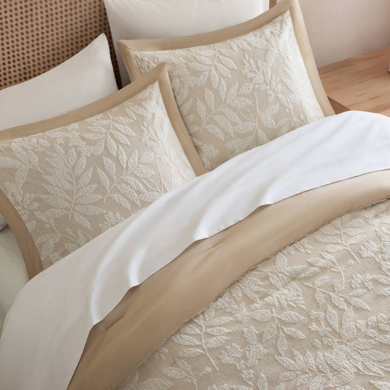 English Elm 3 Piece Queen Botanical Jacquard Comforter Set with Tufted Leaf Texture in Warm Beige B035P600858