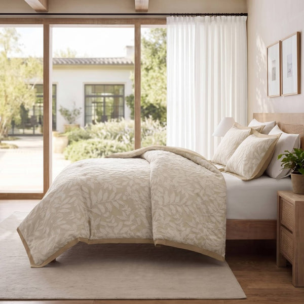 English Elm 3 Piece Queen Botanical Jacquard Comforter Set with Tufted Leaf Texture in Warm Beige B035P600858