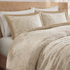 English Elm 3 Piece Queen Botanical Jacquard Comforter Set with Tufted Leaf Texture in Warm Beige B035P600858