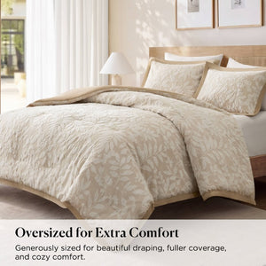 English Elm 3 Piece Queen Botanical Jacquard Comforter Set with Tufted Leaf Texture in Warm Beige B035P600858