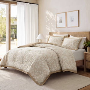English Elm 3 Piece Queen Botanical Jacquard Comforter Set with Tufted Leaf Texture in Warm Beige B035P600858