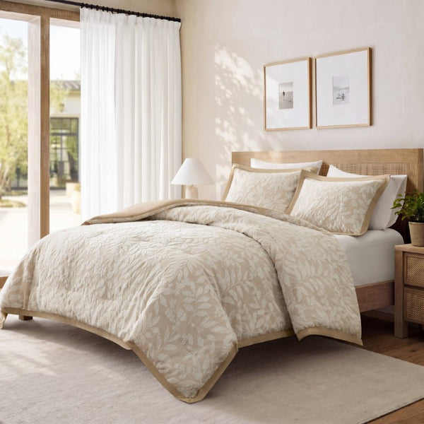 English Elm 3 Piece Queen Botanical Jacquard Comforter Set with Tufted Leaf Texture in Warm Beige B035P600858