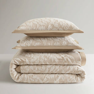 English Elm 3 Piece Queen Botanical Jacquard Comforter Set with Tufted Leaf Texture in Warm Beige B035P600858