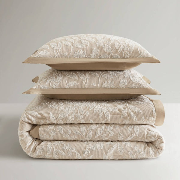 English Elm 3 Piece Queen Botanical Jacquard Comforter Set with Tufted Leaf Texture in Warm Beige B035P600858