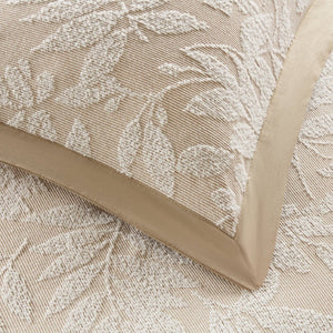 English Elm 3 Piece Queen Botanical Jacquard Comforter Set with Tufted Leaf Texture in Warm Beige B035P600858