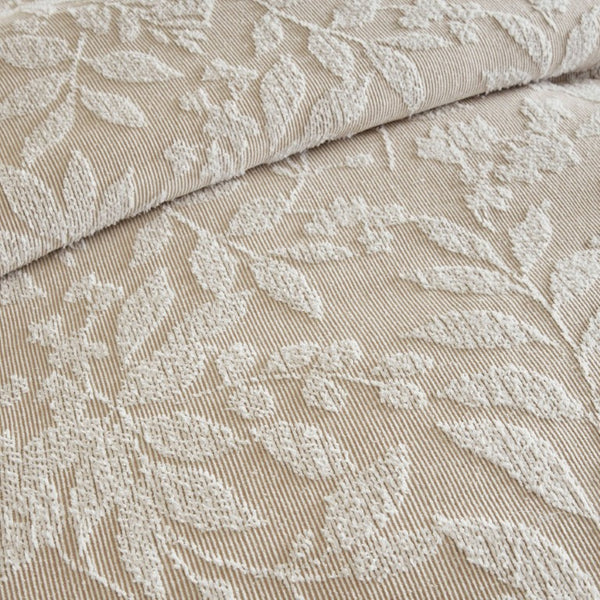 English Elm 3 Piece Queen Botanical Jacquard Comforter Set with Tufted Leaf Texture in Warm Beige B035P600858