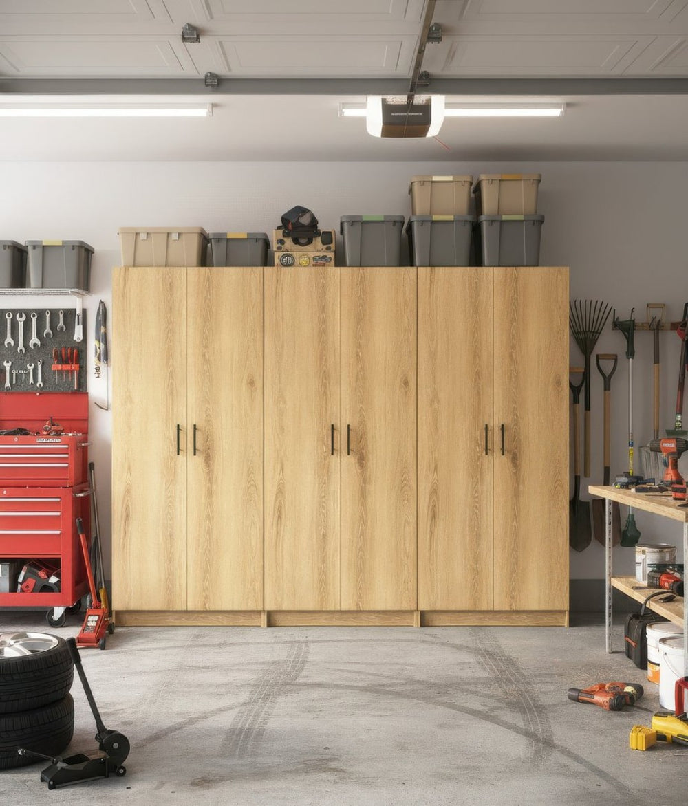 English Elm Modex Oak Finish 3 Piece Slim Storage Cabinet Set with Adjustable Shelves B040S00168