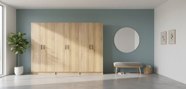 English Elm Modex Oak Finish 3 Piece Slim Storage Cabinet Set with Adjustable Shelves B040S00168