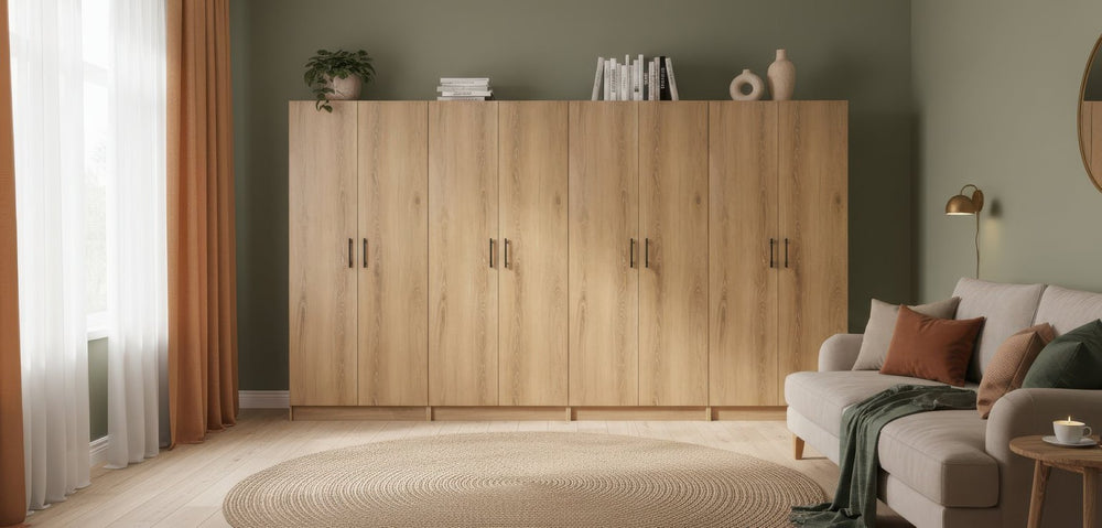 English Elm Modex Oak Four Piece Tall Melamine Cabinet Set with Soft Close Doors for Garage B040S00170