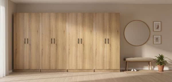 English Elm Modex Oak Four Piece Tall Melamine Cabinet Set with Soft Close Doors for Garage B040S00170