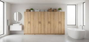 English Elm Modex Oak Four Piece Tall Melamine Cabinet Set with Soft Close Doors for Garage B040S00170