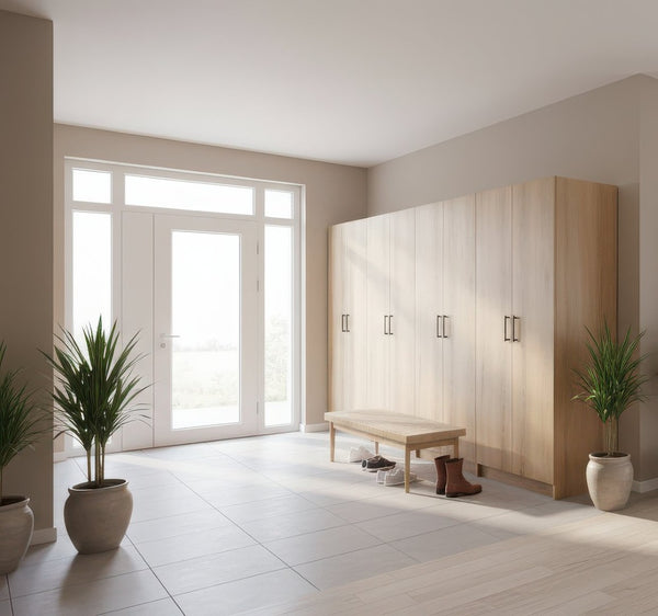 English Elm Modex Oak Four Piece Tall Melamine Cabinet Set with Soft Close Doors for Garage B040S00170