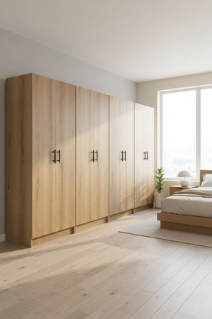 English Elm Modex Oak Four Piece Tall Melamine Cabinet Set with Soft Close Doors for Garage B040S00170