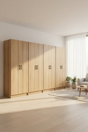 English Elm Modex Oak Four Piece Tall Melamine Cabinet Set with Soft Close Doors for Garage B040S00170