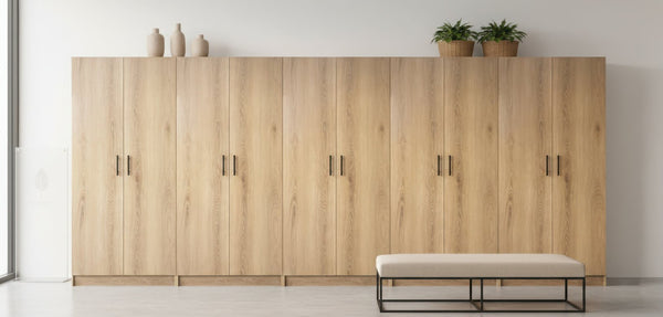 English Elm Modex Oak Five Piece Vertical Melamine Cabinet Set for Garage and Home Office B040S00172