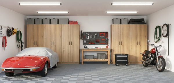 English Elm Modex Oak Five Piece Vertical Melamine Cabinet Set for Garage and Home Office B040S00172