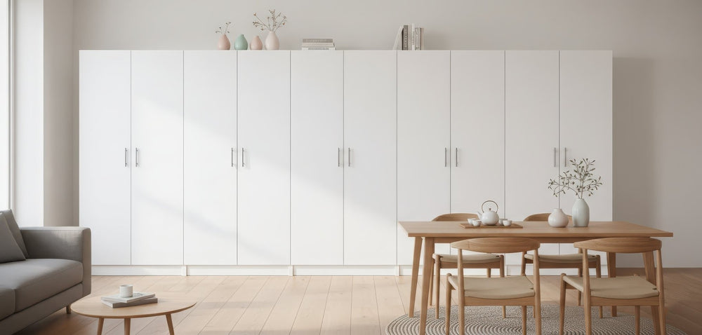 English Elm Modex Five Piece Modular Cabinet Set with Soft Close Doors and Slim White Melamine Finish B040S00173