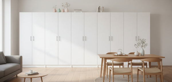 English Elm Modex Five Piece Modular Cabinet Set with Soft Close Doors and Slim White Melamine Finish B040S00173