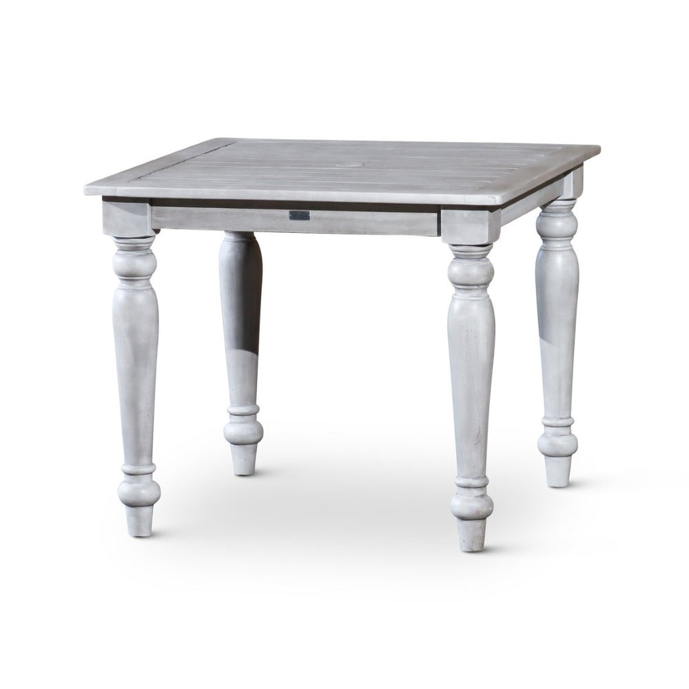 English Elm Square Eucalyptus Outdoor Dining Table with Turned Legs and Farmhouse Silver Gray Finish B04657518