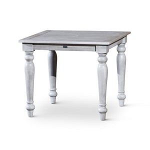 English Elm Square Eucalyptus Outdoor Dining Table with Turned Legs and Farmhouse Silver Gray Finish B04657518