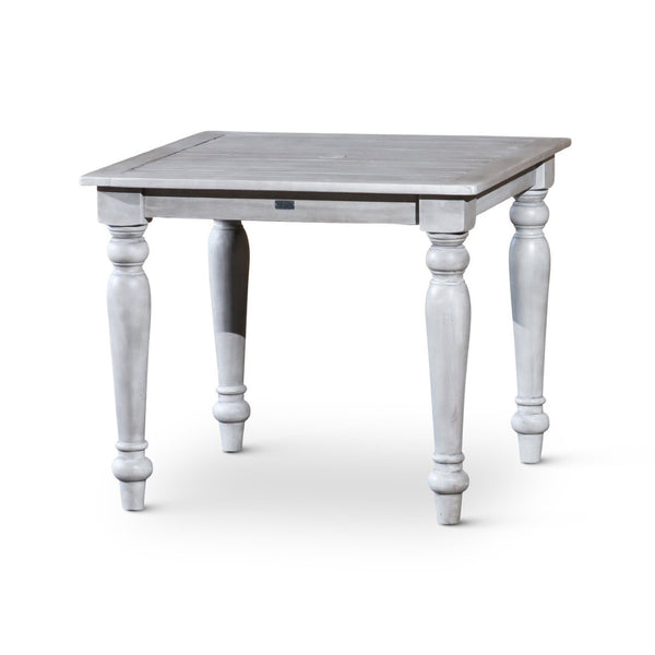 English Elm Square Eucalyptus Outdoor Dining Table with Turned Legs and Farmhouse Silver Gray Finish B04657518