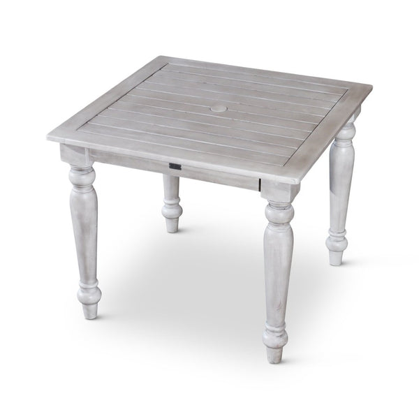 English Elm Square Eucalyptus Outdoor Dining Table with Turned Legs and Farmhouse Silver Gray Finish B04657518