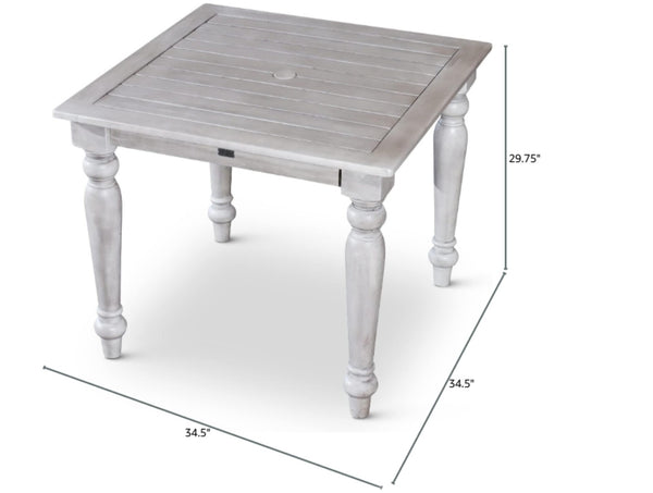 English Elm Square Eucalyptus Outdoor Dining Table with Turned Legs and Farmhouse Silver Gray Finish B04657518