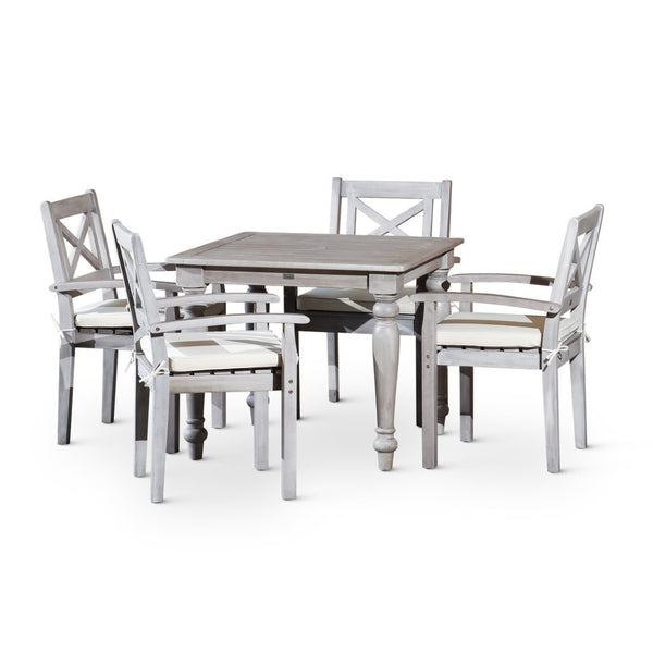 English Elm Square Eucalyptus Outdoor Dining Table with Turned Legs and Farmhouse Silver Gray Finish B04657518