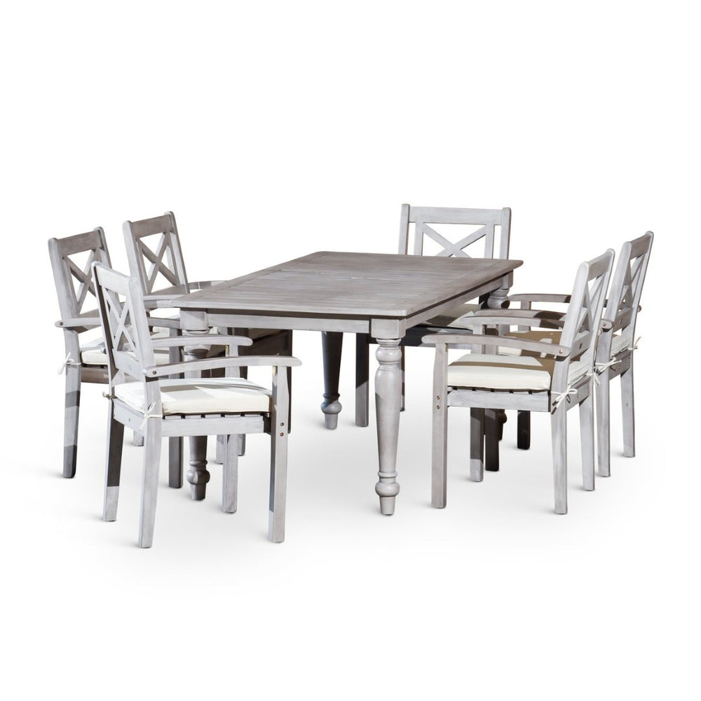 English Elm Rectangular Outdoor Eucalyptus Farmhouse Dining Set with Six X-back Armchairs B046S00001