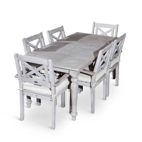 English Elm Rectangular Outdoor Eucalyptus Farmhouse Dining Set with Six X-back Armchairs B046S00001