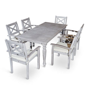 English Elm Rectangular Outdoor Eucalyptus Farmhouse Dining Set with Six X-back Armchairs B046S00001