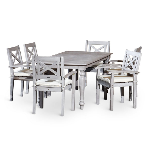 English Elm Rectangular Outdoor Eucalyptus Farmhouse Dining Set with Six X-back Armchairs B046S00001