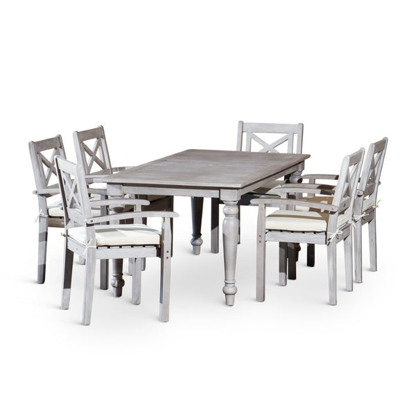 English Elm Rectangular Outdoor Eucalyptus Farmhouse Dining Set with Six X-back Armchairs B046S00001