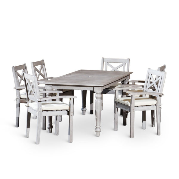 English Elm Rectangular Outdoor Eucalyptus Farmhouse Dining Set with Six X-back Armchairs B046S00001