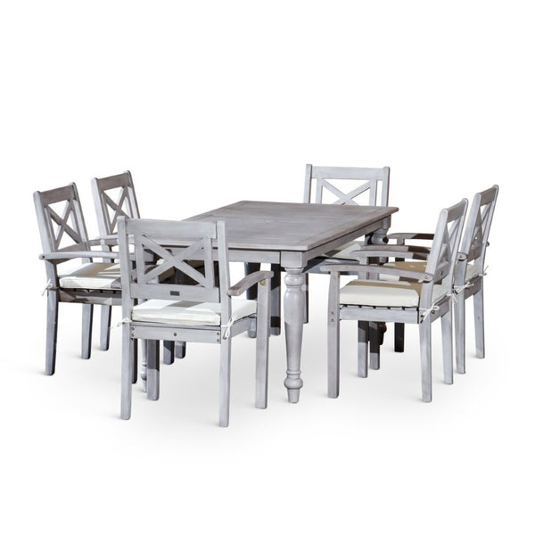 English Elm Rectangular Outdoor Eucalyptus Farmhouse Dining Set with Six X-back Armchairs B046S00001
