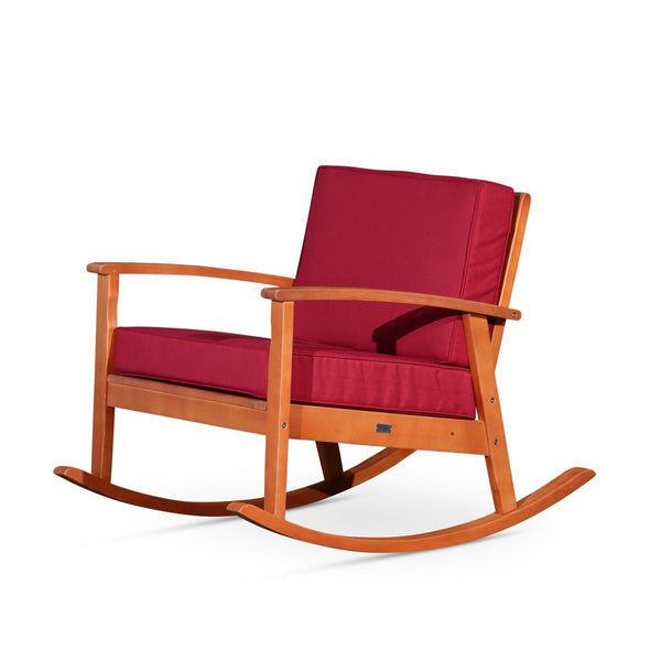 English Elm Eucalyptus Outdoor Rocking Chair with Thick Cushions Fsc Wood Porch Rocker Natural Oil Burgundy B046S00034