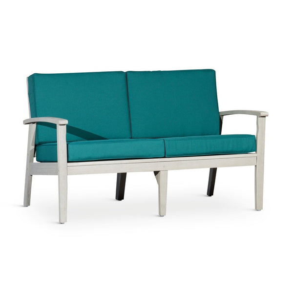 English Elm Eucalyptus Deep Seat Outdoor Loveseat with Thick Cushions Weather Resistant Wood Frame Driftwood Gray Dark Green B046S00057