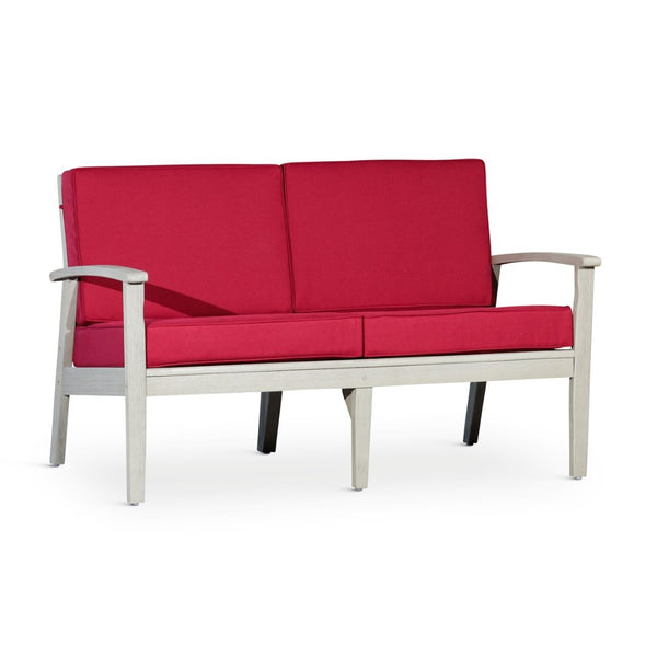 English Elm Eucalyptus Deep Seat Outdoor Loveseat with Thick Cushions Weather Resistant Wood Frame Driftwood Gray Burgundy B046S00060