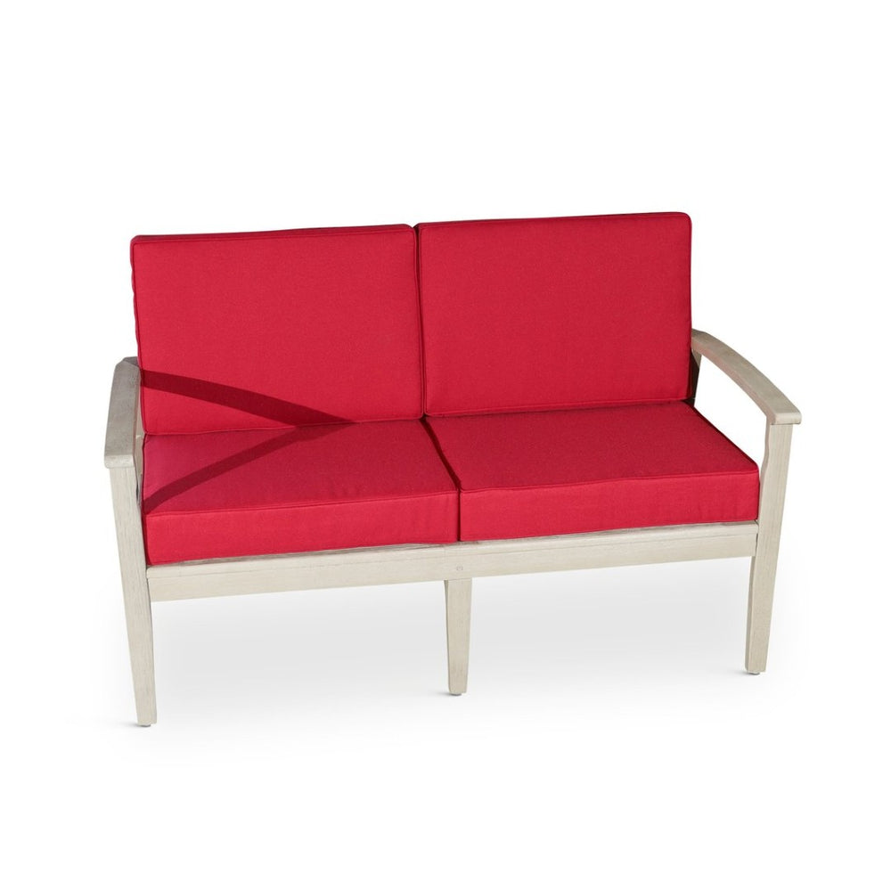 English Elm Eucalyptus Deep Seat Outdoor Loveseat with Thick Cushions Weather Resistant Wood Frame Driftwood Gray Burgundy B046S00060