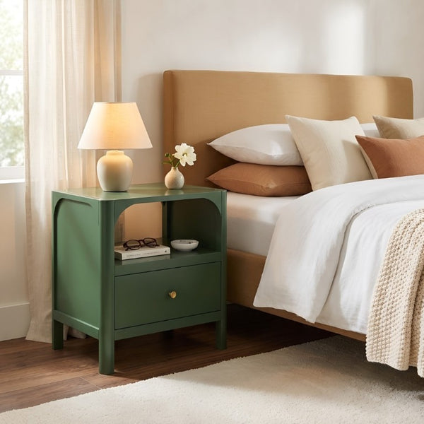 English Elm Williamson Mid-Century Nightstand with Open Shelf Brass Knob and Lacquer Wood Finish Green B050P544100